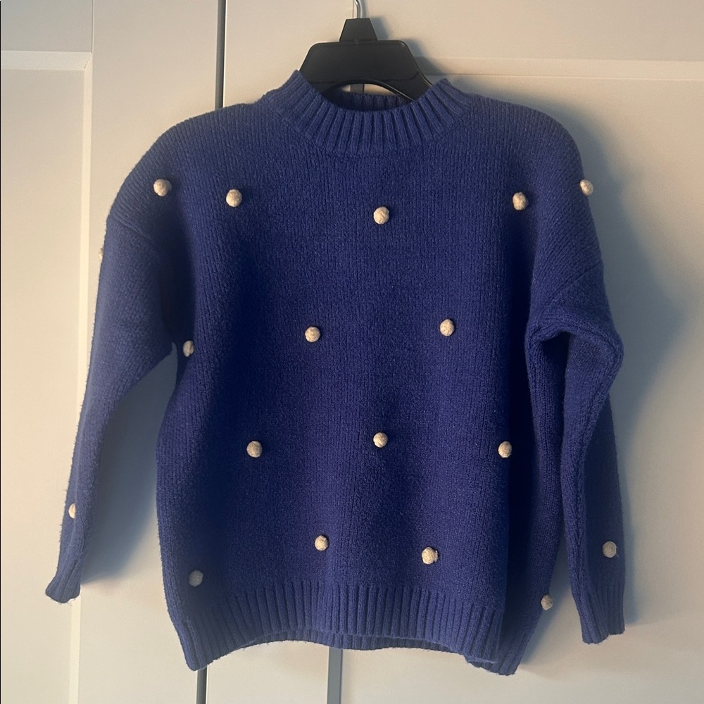 Adorable Kids Blue Sweater Size 3/4 T with White Pom Poms attached
